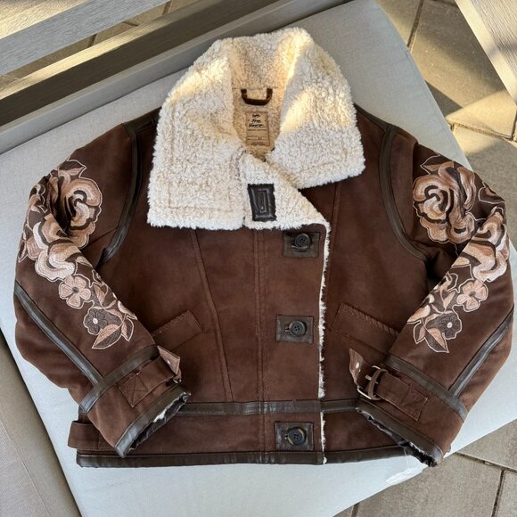 New Free People Andies Suede Vegan Embroidered Fleece Lined Jacket Brown XS - Picture 1 of 17